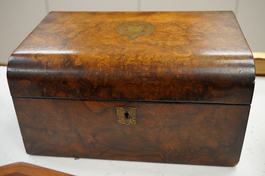 A George III octagonal work box, with various sewing accessories, a candle box and a burr walnut box, largest 35cm wide